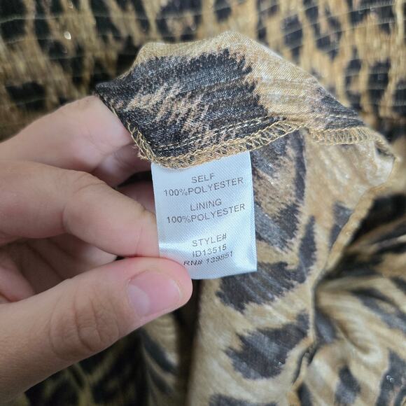 ODDI Leopard Shimmer Ruffle Tiered Puff Long Sheer Sleeves Dress Womens SZ MD - Picture 4 of 5